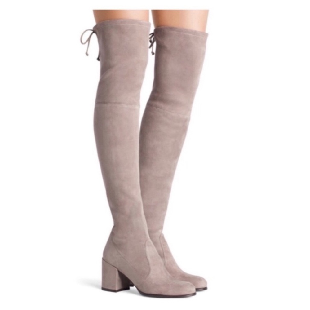 Stuart Weitzman Womens Tieland OTK Boot Taupe Tan Suede Block Heel Boho